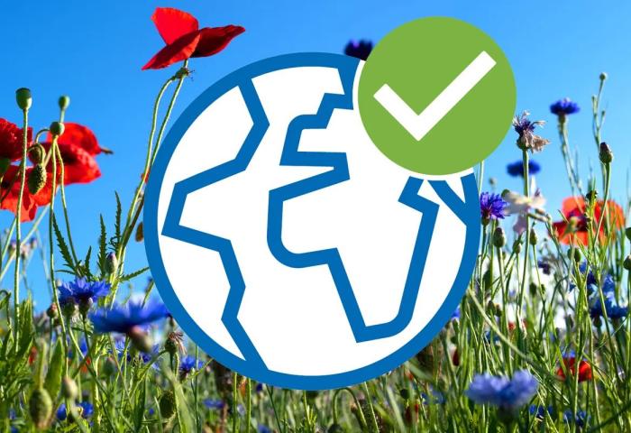 Symbol einer stilisierten Weltkugel mit grünem Häkchen, im Hintergrund Mohn- und Kornblumen auf einer Wiese