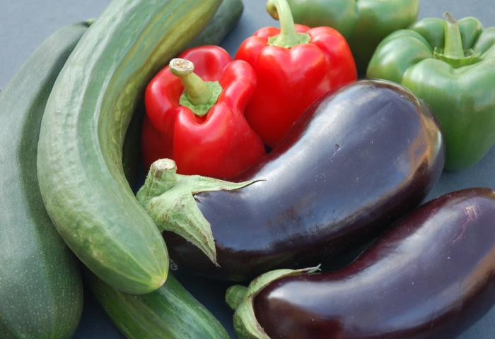 verformte Gurken, rote und grüne Paprika sowie Auberginen