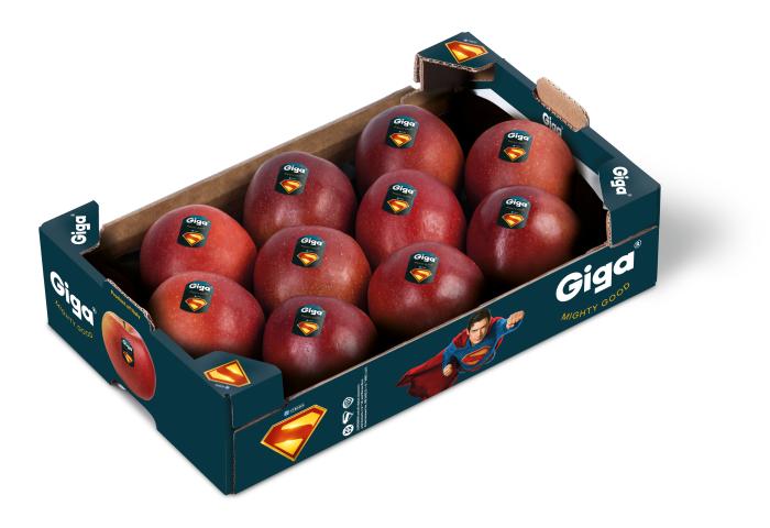 Giga-Äpfel in Karton mit Superman S-Shield-Logo