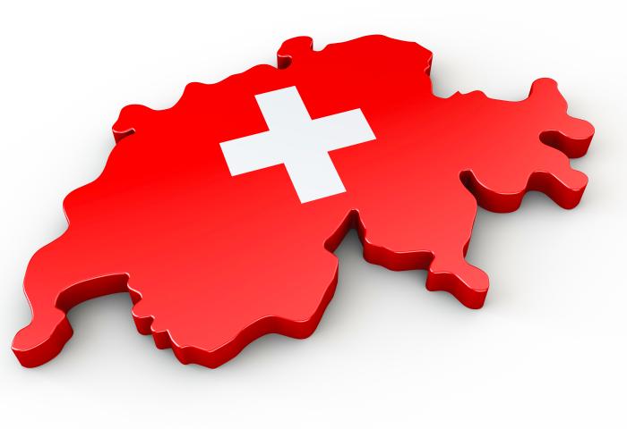 stilisierter Länderumriss der Schweiz in rot mit weißem Kreuz in der Mitte