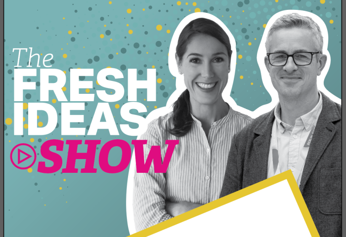 Mike Knowles und Maura Maxwell als schwarz-weiß Ausschnitte stehen nebeneinander vor dem Logo ihres Podcasts 'The Fresh Ideas Show'