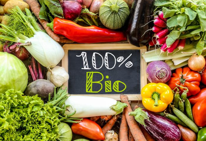 Eine Vielzahl von frischem Gemüse, darunter Paprika, Zucchini, Radieschen und Karotten, umrahmt eine Tafel mit der Aufschrift '100% Bio'.