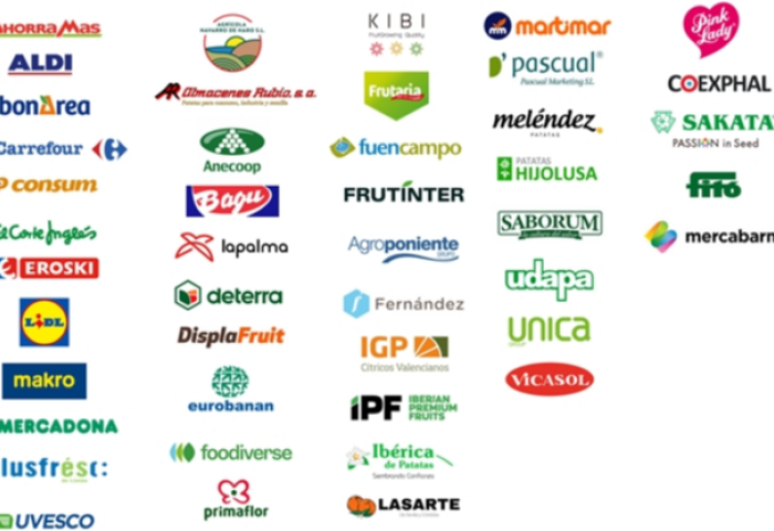 Logos von Unternehmen, die an der Umfrage „Pulso del sector de frutas y hortalizas“ teilgenommen haben, darunter Aldi, Carrefour, Eroski, Lidl, Mercadona, Pascual, Sakata, Vicasol und weitere.