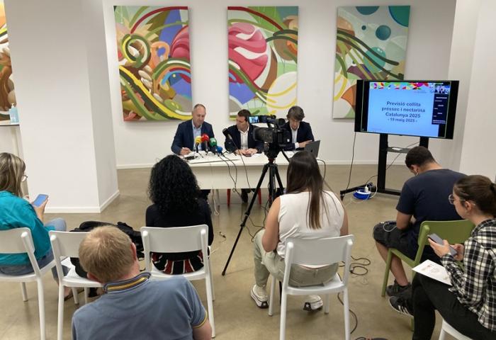 Pressekonferenz mit drei Personen an einem Tisch, davor sitzen einige Personen die zuhören und teilweise Notizen machen. Mikrofone und Kameras sind außerdem sichtbar.