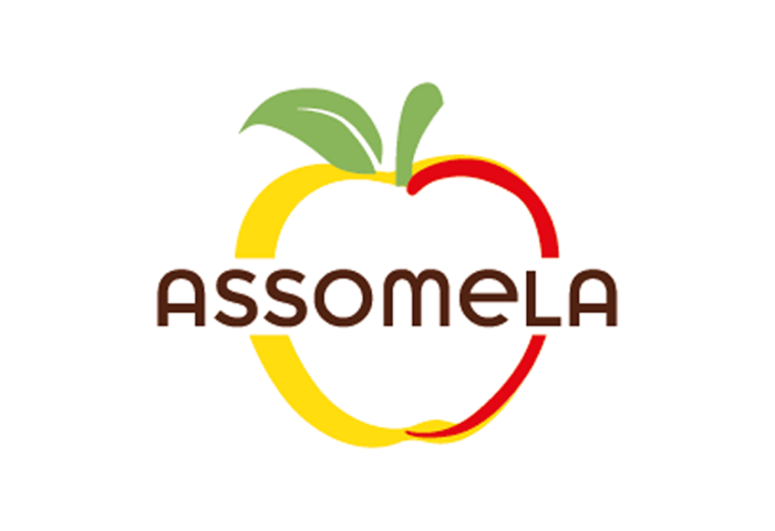 Logo von Assomela mit stilisierter Apfelkontur und zwei Blättern