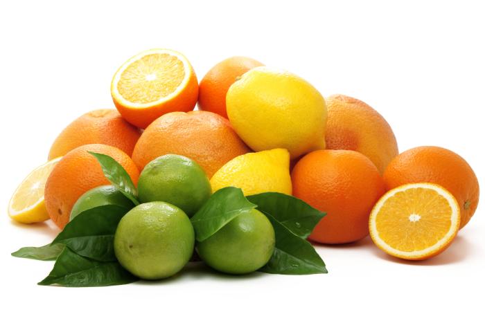 Mischung aus Orangen, Zitronen und Limetten mit grünen Blättern, einige Früchte halbiert, auf weißem Untergrund