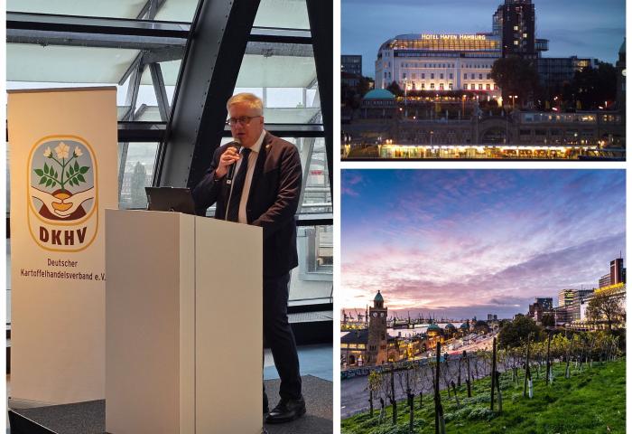 3 Bilder Collage: 1.Mann am Rednerpult mit Banner des Deutschen Kartoffelhandelsverbands, 2. Hotel Hafen Hamburg bei Abenddämmerung, 3. Weinberg mit Blick auf Hamburger Hafen und Landungsbrücken