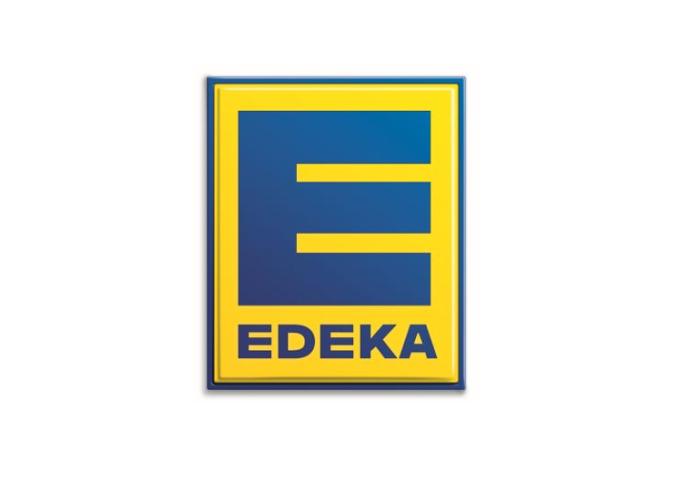Logo von Edeka mit großem gelbem E auf blauem Hintergrund und dem Schriftzug 'EDEKA' darunter