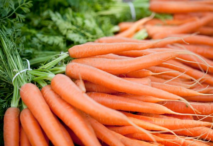 Frische orange Karotten mit grünen Blättern, locker gebündelt auf einem Marktstand