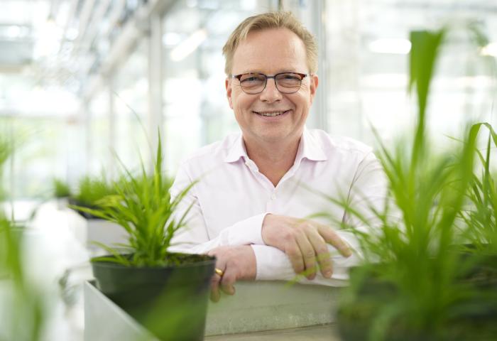 Michael Wagner, IVA-Präsident, steht hinter einem Metallgeländer in einem hellen Gewächshaus mit grünen Pflanzen