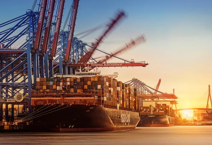 Containerschiff Afif im Hamburger Hafen beladen mit Containern unter Kränen bei Sonnenuntergang