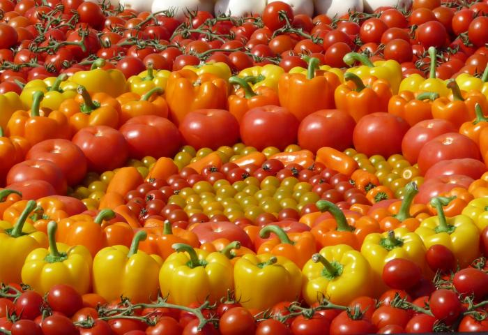 Tomaten und Paprika in Strudelform angeordnet