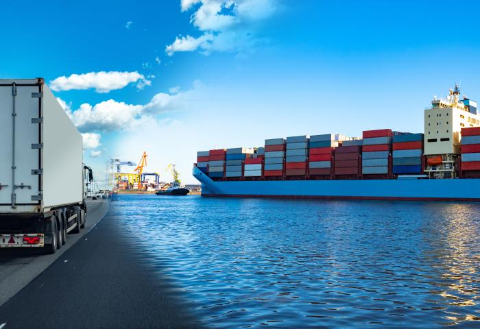Lastwagen mit weißem Anhänger auf Straße neben Hafen mit großem Containerschiff und Kränen