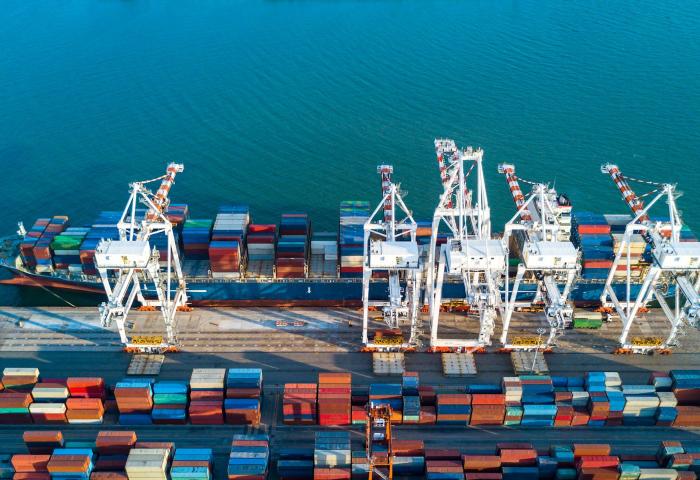 Containerschiff in einem neuseeländischen Hafen