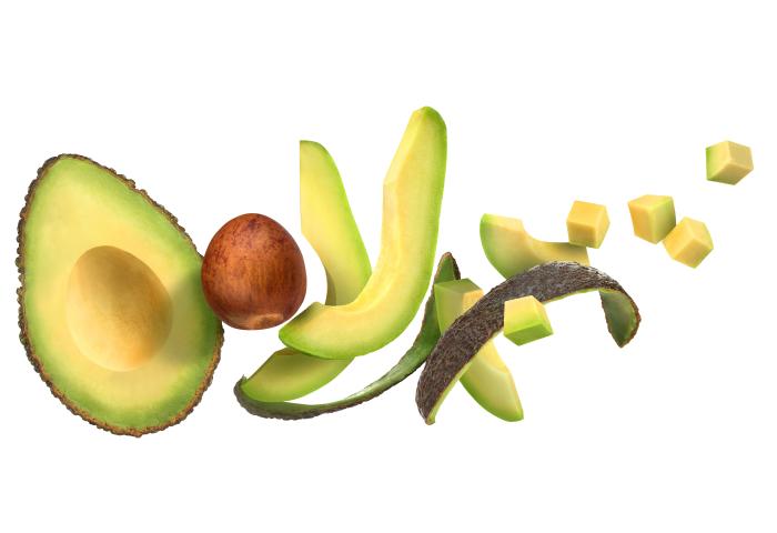 Avocado in verschiedenen Zuständen: halbierte Avocado mit Kern, geschnittene Scheiben, kleine Würfel und Schale.