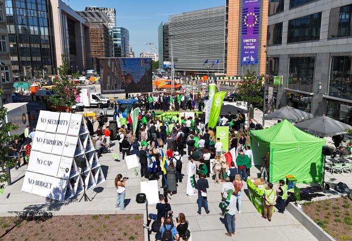 Eine Menschenmenge versammelt sich auf einem Platz mit grünen und weißen Bannern. Im Hintergrund ist ein großer Bildschirm zu sehen. Mehrere Stände und Zelte sind aufgestellt.