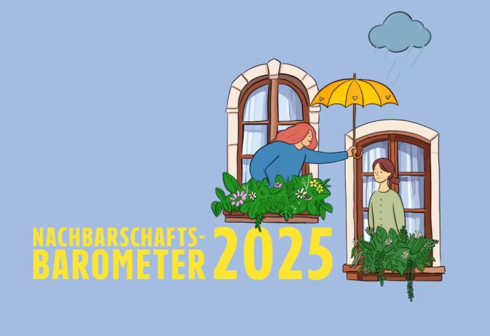 Grafik: Zwei Fenster mit Blumenkästen, eine Person reicht eine gelbe Regenschirm über das Fenster zu einer anderen Person. Text: 'Nachbarschafts-Barometer 2025'.