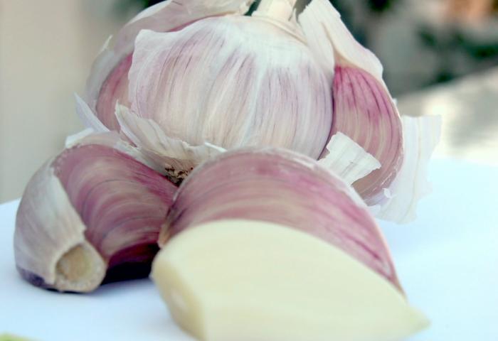 Knoblauchzehen mit lila Schale, eine halbierte Zehe zeigt das weiße Innere.