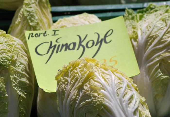 Chinakohl mit gelb-grünen Blättern und handgeschriebenem Schild 'port. I Chinakohl'