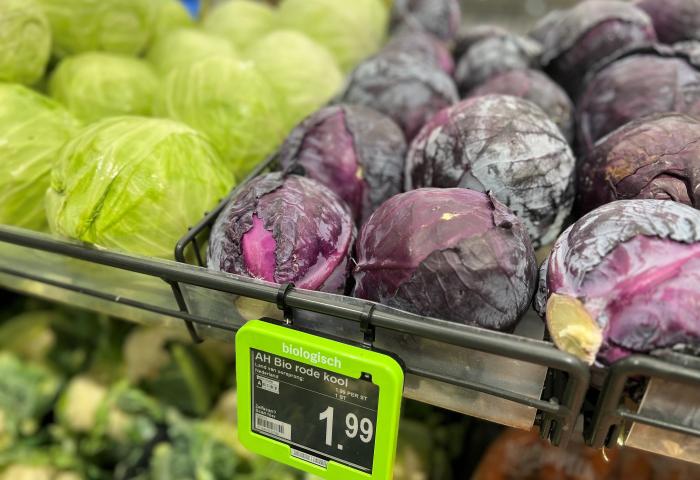 Regal mit grünem und rotem Bio-Kohl, Preisschild 1,99 Euro im Supermarkt.