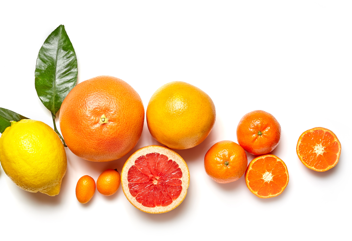 Zitrusfrüchte in einer Reihe, darunter Zitrone mit Blatt, Grapefruit halbiert, Mandarinen und Kumquats, auf weißem Untergrund.