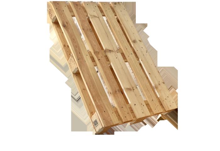 Holzpalette mit mehreren parallelen Latten und sichtbaren Schrauben, naturbelassenes Holz.