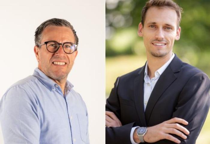Zwei Portraitfotos nebeneinander. Links: Peter-Alfons Weckerle, Rechts: Aron Bock