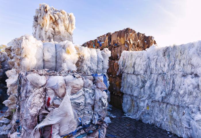 Große, gepresste Ballen aus Kunststofffolie und Kartonagen auf einem Hof unter blauem Himmel