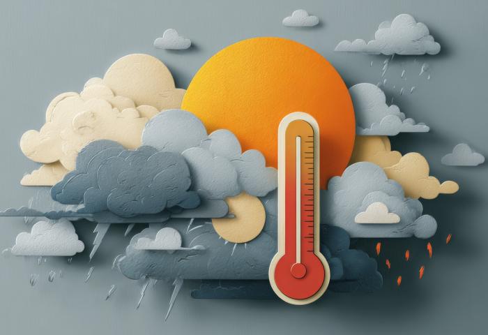 Wetterillustration mit Sonne, Wolken, Regen und einem Thermometer auf pastellfarbenem Hintergrund.