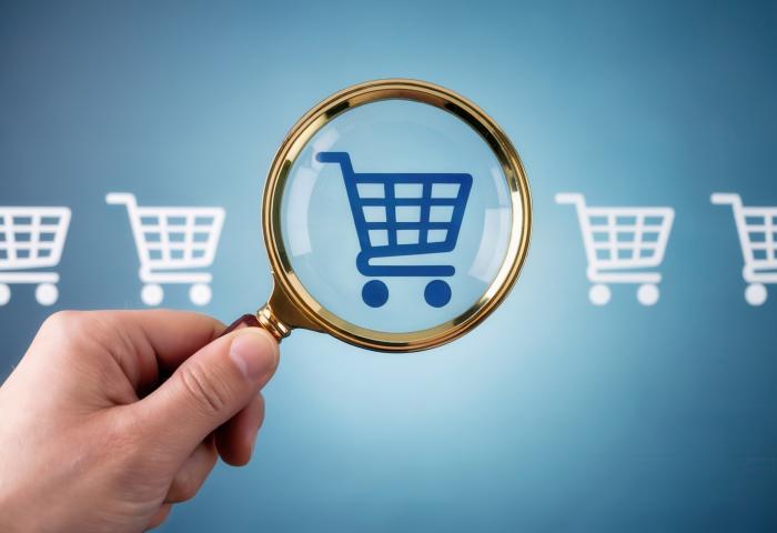 Eine Lupe vergrößert einen grafisch dargestellten Einkaufswagen.