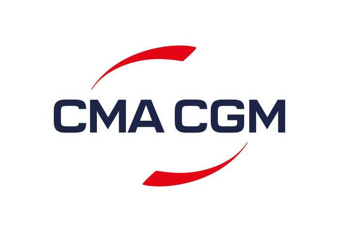 Logo von CMA CGM mit dunkelblauer Schrift und zwei roten, gebogenen Linien darüber und darunter.