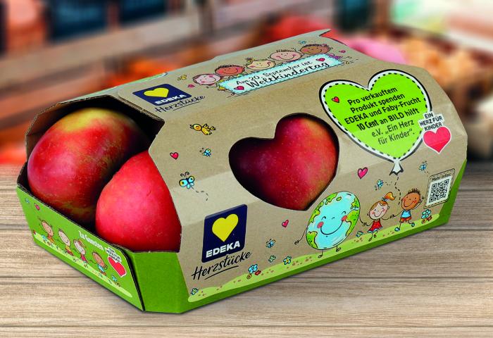 Kartonschale mit „Ein Herz für Kinder“-Aktionsaufdruck, Design und Verpackung: Lorentzen & Sievers