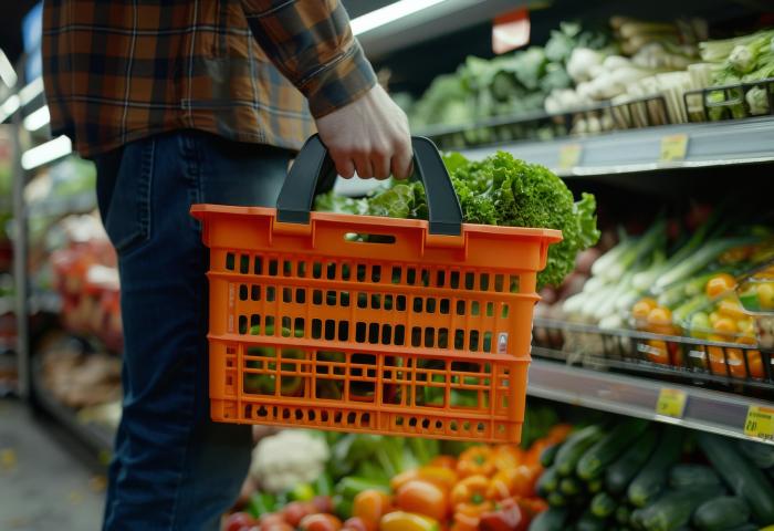 Mann mit Einkaufskorb vor Gemüseregal