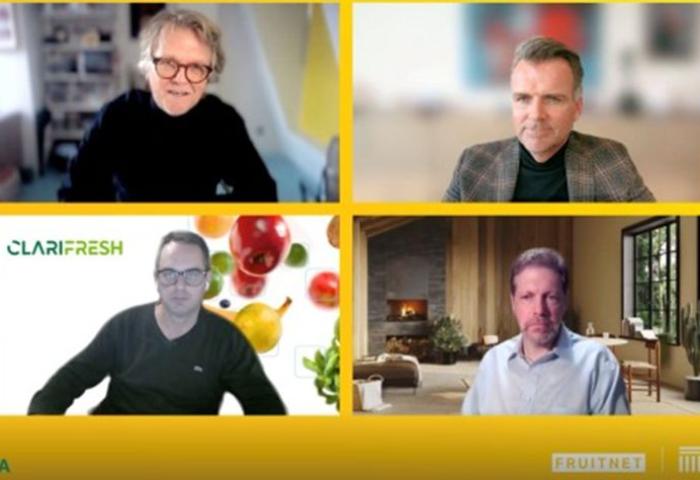 Im Uhrzeigersinn: Chris White, Vorsitzender des FRUIT LOGISTICA Advisory Boards (Moderator); Wouter Kuiper, Chief Executive Officer, Kubo Greenhouse Projects; Bradford Warner, Global Head Digital & Data, AgroFresh; Elad Mardix, Chief Executive Officer & Co-Founder, Clarifresh