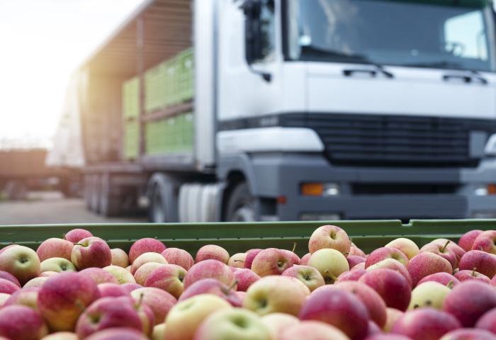 Lkw und Äpfel in Kiste