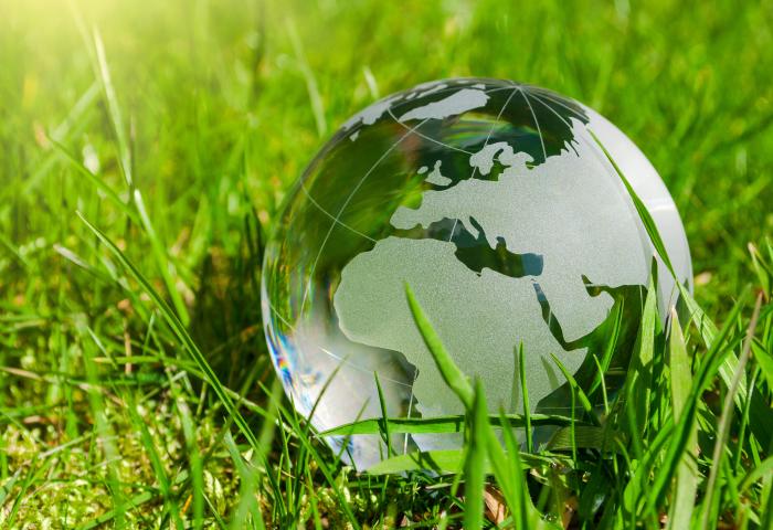 Gläserne Weltkugel liegt im Gras