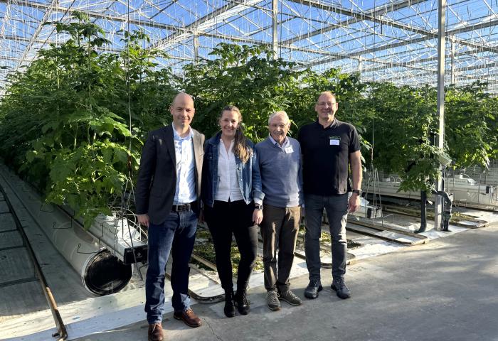 In einem Gewächshaus stehen folgende Personen: Matija Nuic, Direktor des VSGP, GVBF-Präsidentin Katja Riem, VSGP-Altdirektor Fredi Schwab und Produzent Beat Bösiger