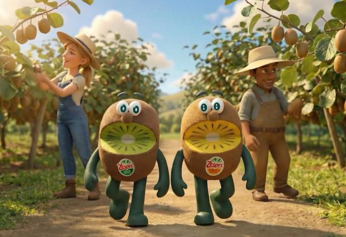 grüne und gelbe Kiwi mit Erzeugern in Animationsoptik in einer Plantage