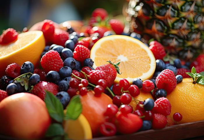 verschiedene Obstsorten liegen aufeinander