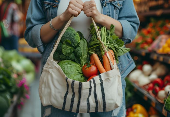 Frau trägt vor sich eine Tasche mit Gemüse. Im Hintergrund eine Obst und Gemüseabteilung.