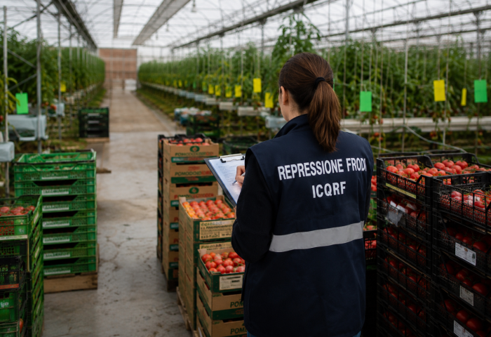 Frau prüft Tomaten im Gewächshaus