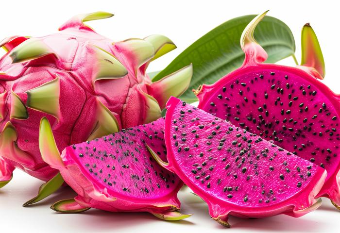 ganze und aufgeschnittene rote Pitahaya