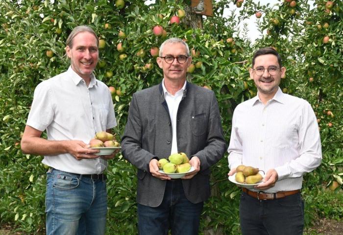 Drei Vertreter des oberösterreichischen Obstbaus stehen mit Schalen voller Birnen in einer Apfelanlage.