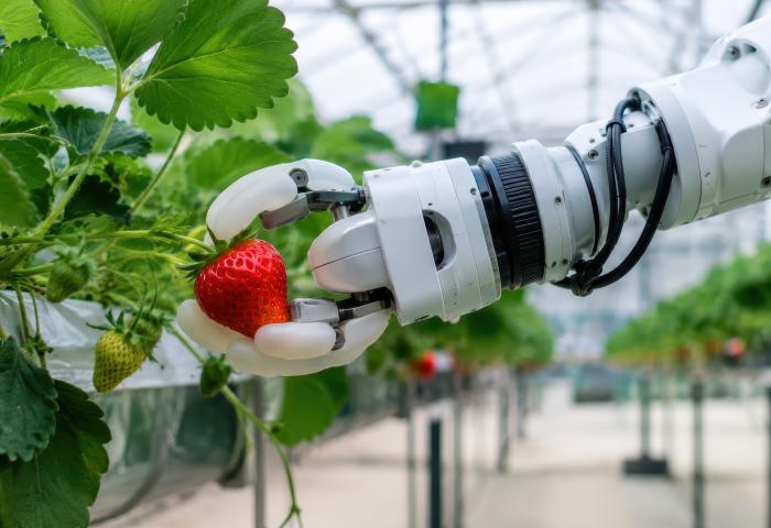 Roboterarm pflückt eine reife Erdbeere von einer Pflanze im Gewächshaus.