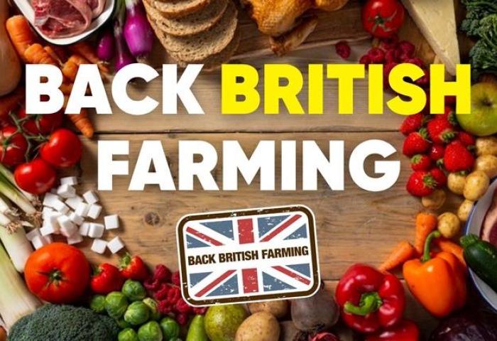 Grafik der NFU mit britischen Agrarprodukten, darunter Obst und Gemüse, und dem Schriftzug „Back British Farming“.