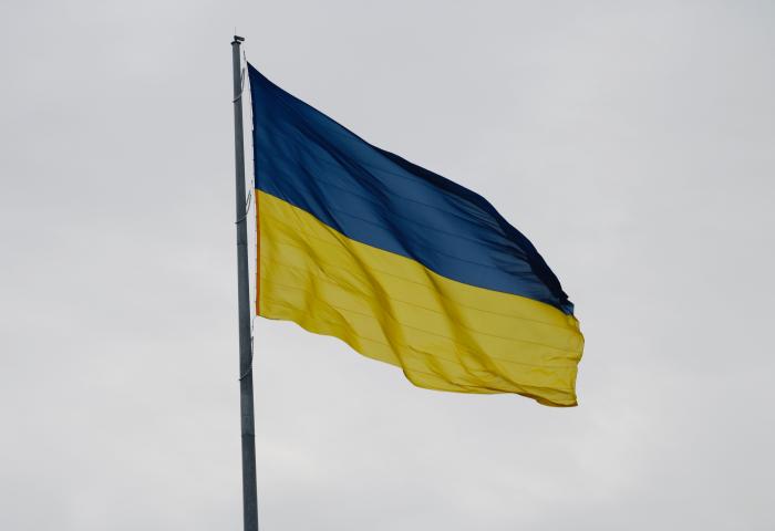 ukranische Flagge vor grauem Himmel