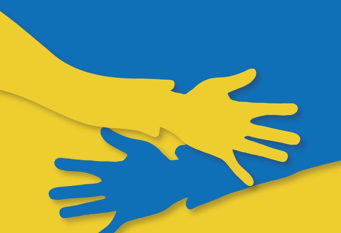 2 stilisierte Hände in den Farben der ukrainischen Flagge