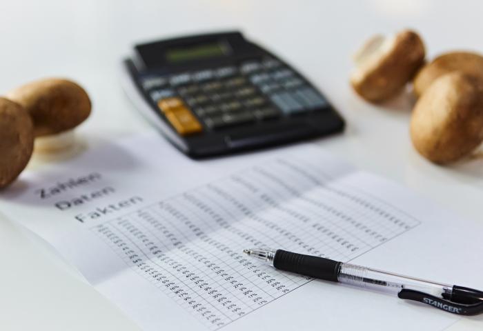 Angedeutete Tabelle mit Taschenrechner und Pilzen im Hintergrund