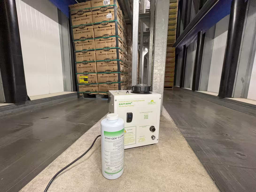 Ethylen-Generator und Nachfüllflasche im Lagerraum mit Bananen