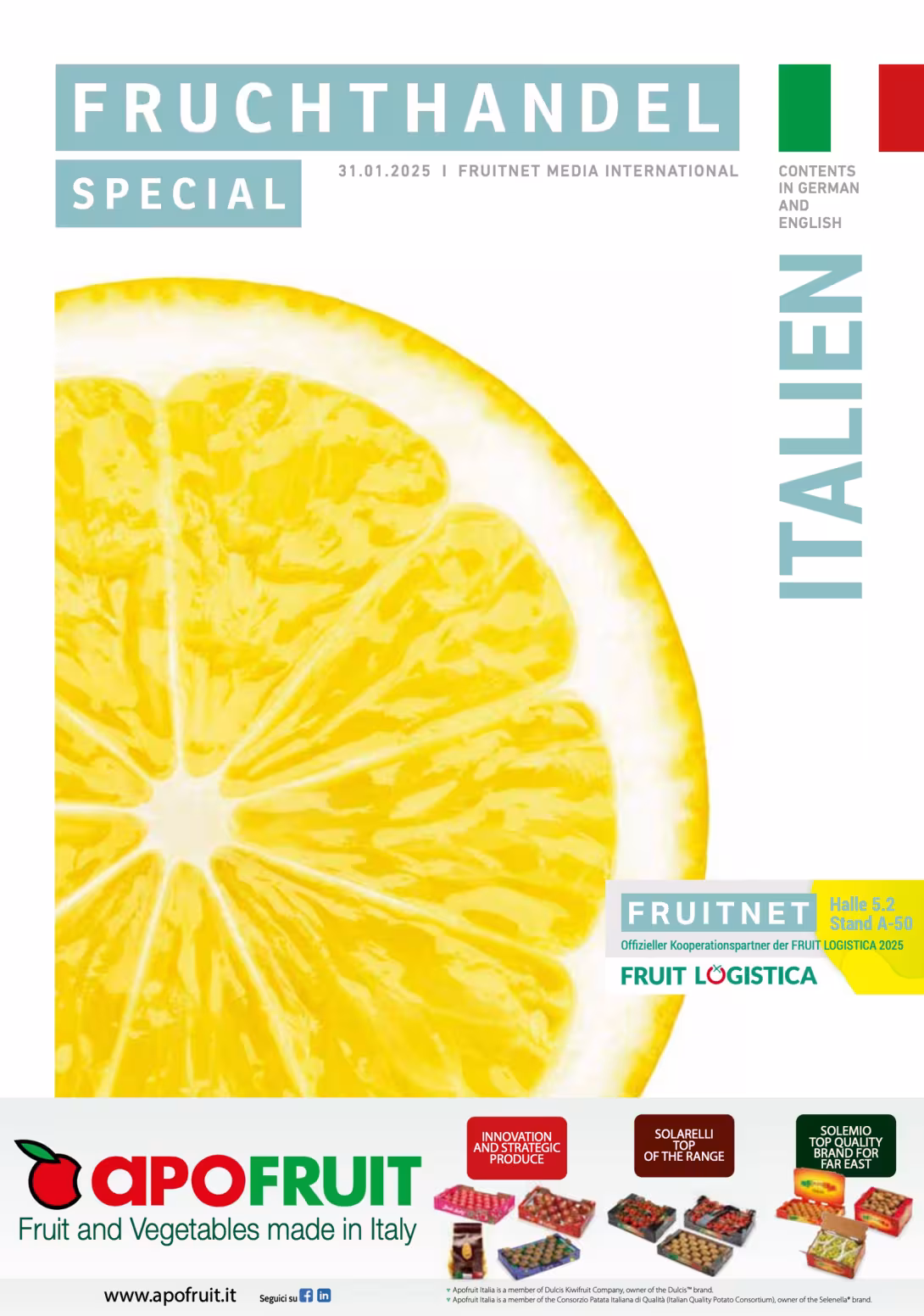 Titelblatt des Fruchthandel Magazin Special Italien vom 31. Januar 2025 zur Fruit Logistica. Im Mittelpunkt eine gelbe Zitronenscheibe auf weißem Hintergrund.